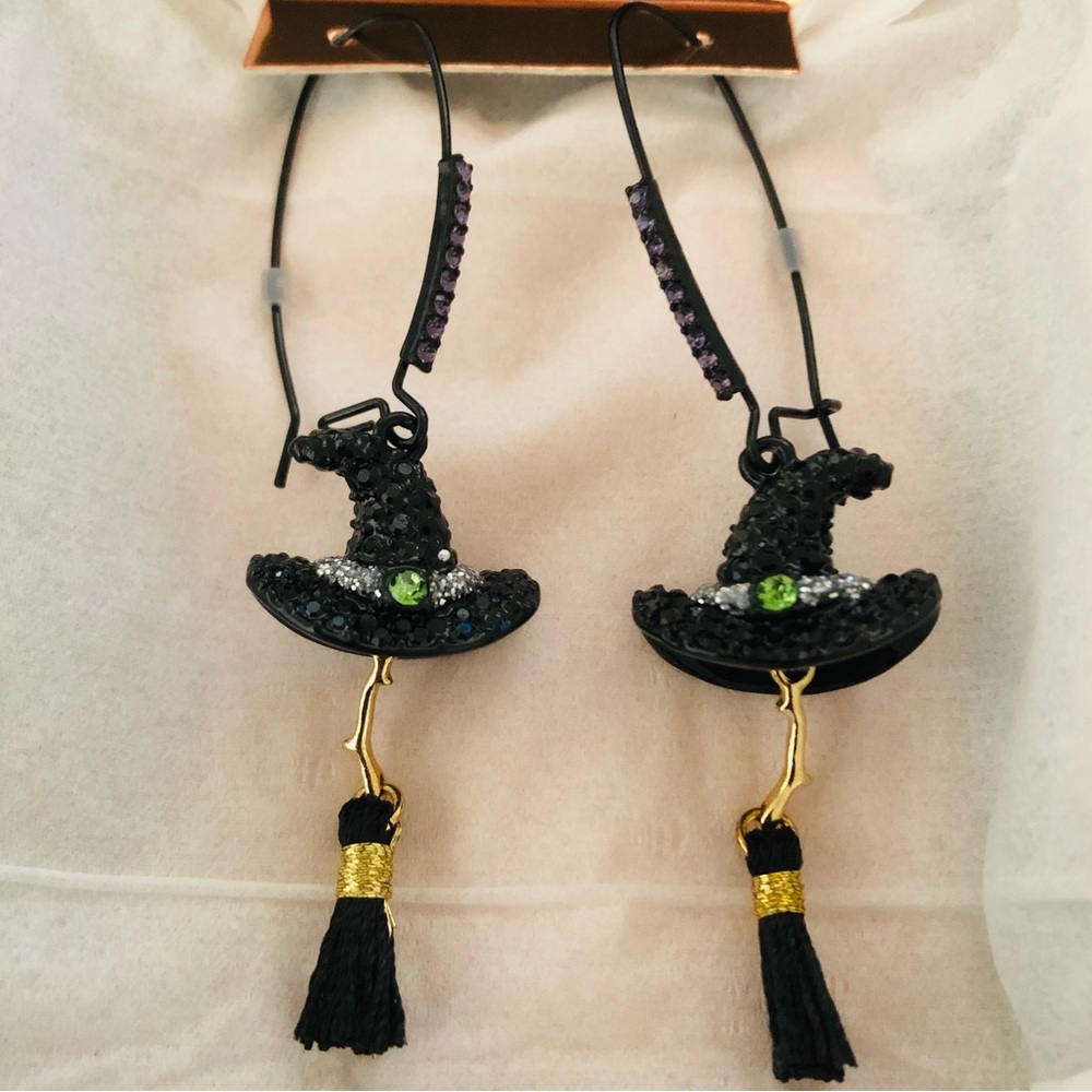 Authentic Betsey Johnson Earrings - Rhinestone Witch’s Hat & Broom, NIB